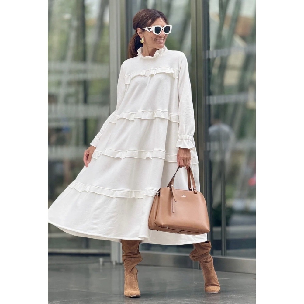 Marielle Almelo Lauren Dress White Cotton Tiered Ruffle Midi OS Quiet Luxury